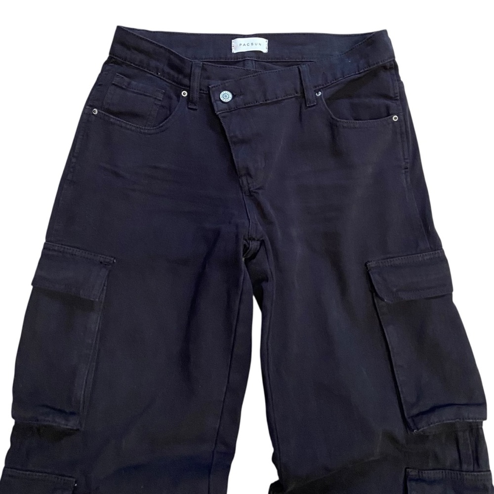 Pacsun Black Asymmetrical '90s Baggy Cargo Jeans Pants 26 Small Wide Leg - Picture 4 of 15